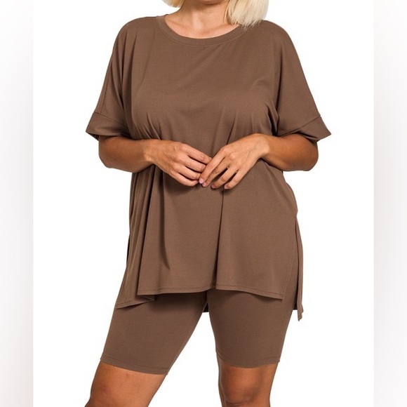 NWT Zenana Plus + Reg Size Microfiber Oversized Top + Bike Shorts Set in Brown - Picture 1 of 5